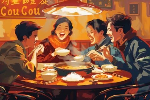 河南開封一間餐廳里，一群朋友在深夜品嘗美食