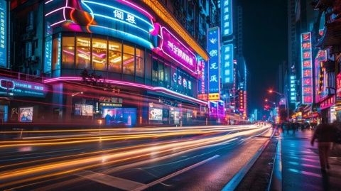 城市夜色燈光璀璨，車(chē)水馬龍的街頭景色