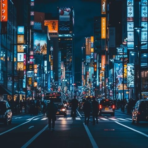 城市夜色燈光璀璨，車(chē)水馬龍的街頭景色