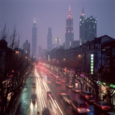 城市夜色燈光璀璨，車水馬龍的街頭景色