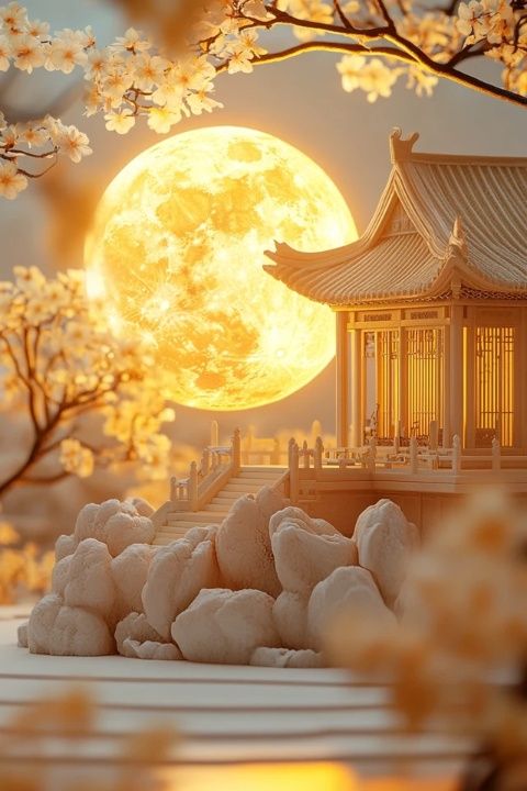 中秋夜，月亮像明珠一樣閃耀照亮了整個世界。