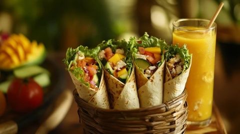 山藥紫薯奶酪餅、椒鹽大蝦、蔬菜飯團(tuán)、奶香玉米汁