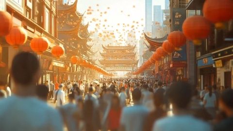 標(biāo)題上海碳水一條街，大街上密密麻麻的人群，熱鬧非凡，生意非常火爆