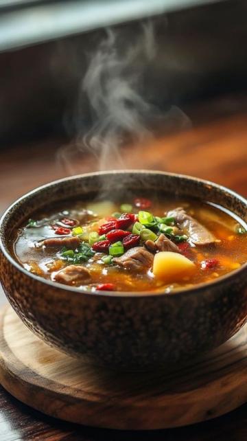一碗熱氣騰騰、滾燙無(wú)比的生燙牛肉粉赫然擺在眼前，那濃郁醇厚的香氣肆意彌漫