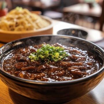 一碗熱氣騰騰、滾燙無(wú)比的生燙牛肉粉赫然擺在眼前，那濃郁醇厚的香氣肆意彌漫