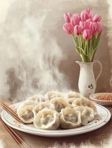 **餃子**是中國(guó)傳統(tǒng)美食之一，歷史悠久，寓意吉祥，尤其在春節(jié)期間