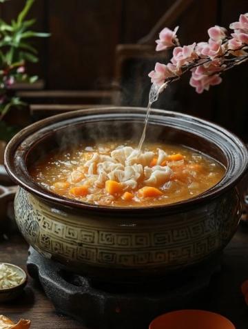 在五峰山口，在杏花深處，吃到最正宗的＂熬菜＂和最松脆的＂貼餅子＂,＂熬菜＂應(yīng)該算