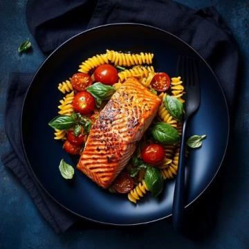 陽光下的四道美味佳肴：香煎三文魚、蒜香橄欖油意面、烤蔬菜沙拉與芒果椰奶布丁的制作分享