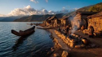 松滋縣有個小鎮(zhèn)邊緣臨大湖，大片水面映照著夕陽。