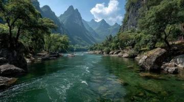 小東江，宛如一幅流動的畫卷，鑲嵌在湘南山脈之間,江水清澈見底，兩岸青山如黛