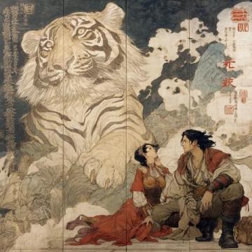 清朝姚墅鄉(xiāng)民在山上突遇老虎，虎一個(gè)劍步撲倒了他，利爪抓傷臉頰血流不止