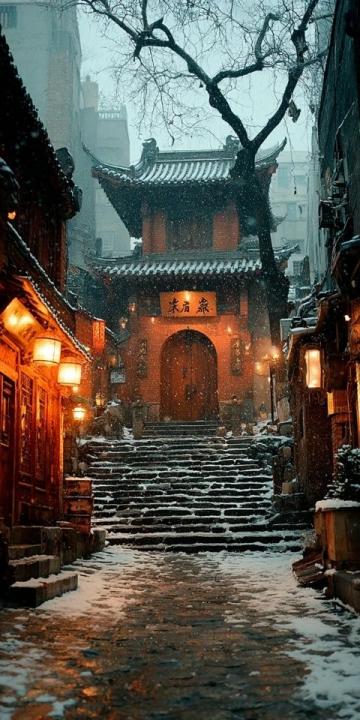 青島清晨雨雪后的棧橋美景